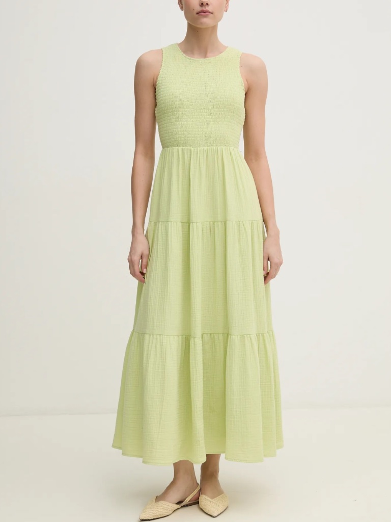 Dkny Size M Cotton Gauze Smocked-Bodice Tea Green Maxi Tiered Dress